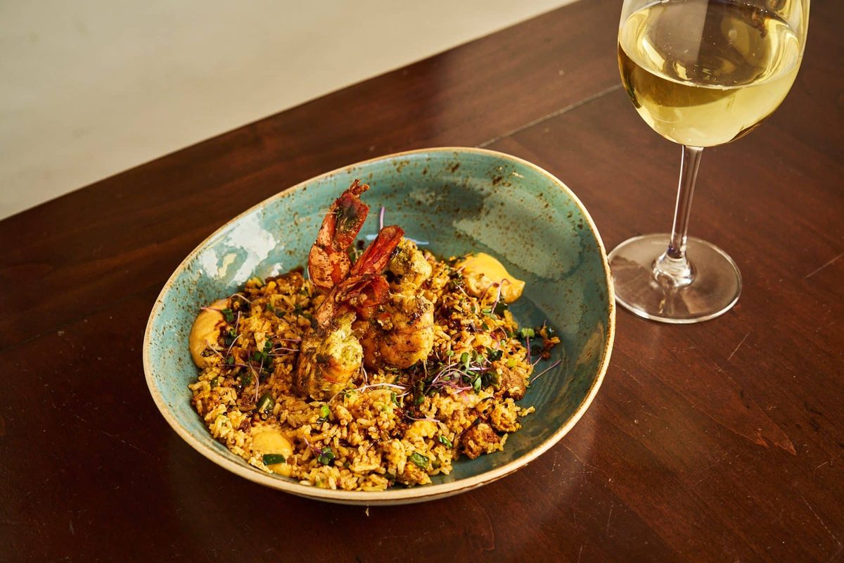 Grilled shrimp over rice at LON's at The Hermosa Inn